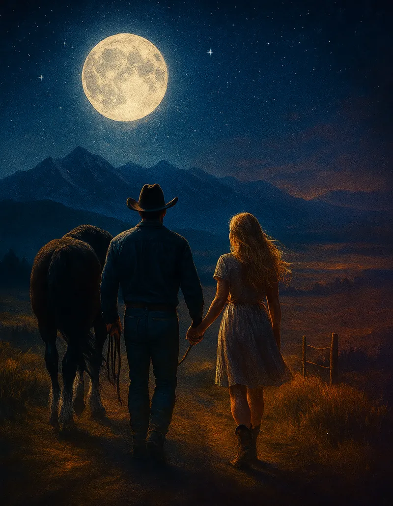 A cowboy leading a horse and holding hands with a young woman under a full moon in the Montana mountains