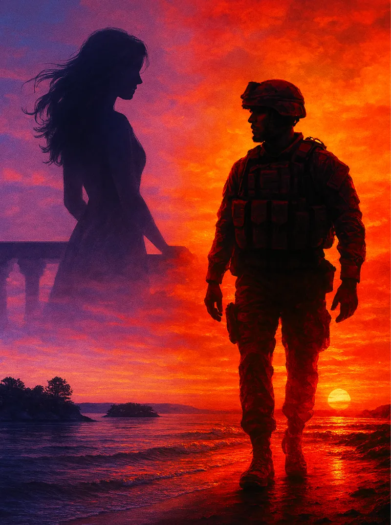 Silhouettes of a woman and a soldier against a burning red sunset over the water
