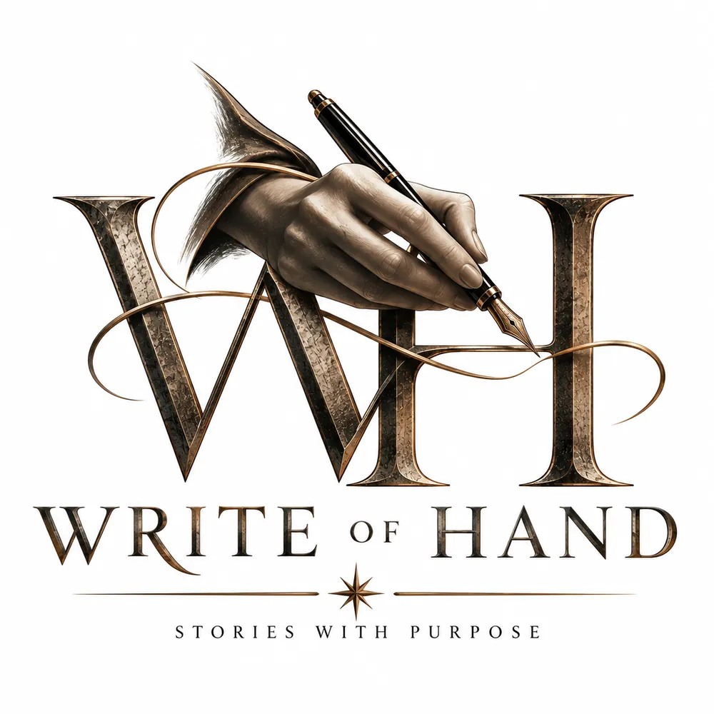Write of Hand logo: a hand writing with a fountain pen over the letters W and H — Stories with purpose
